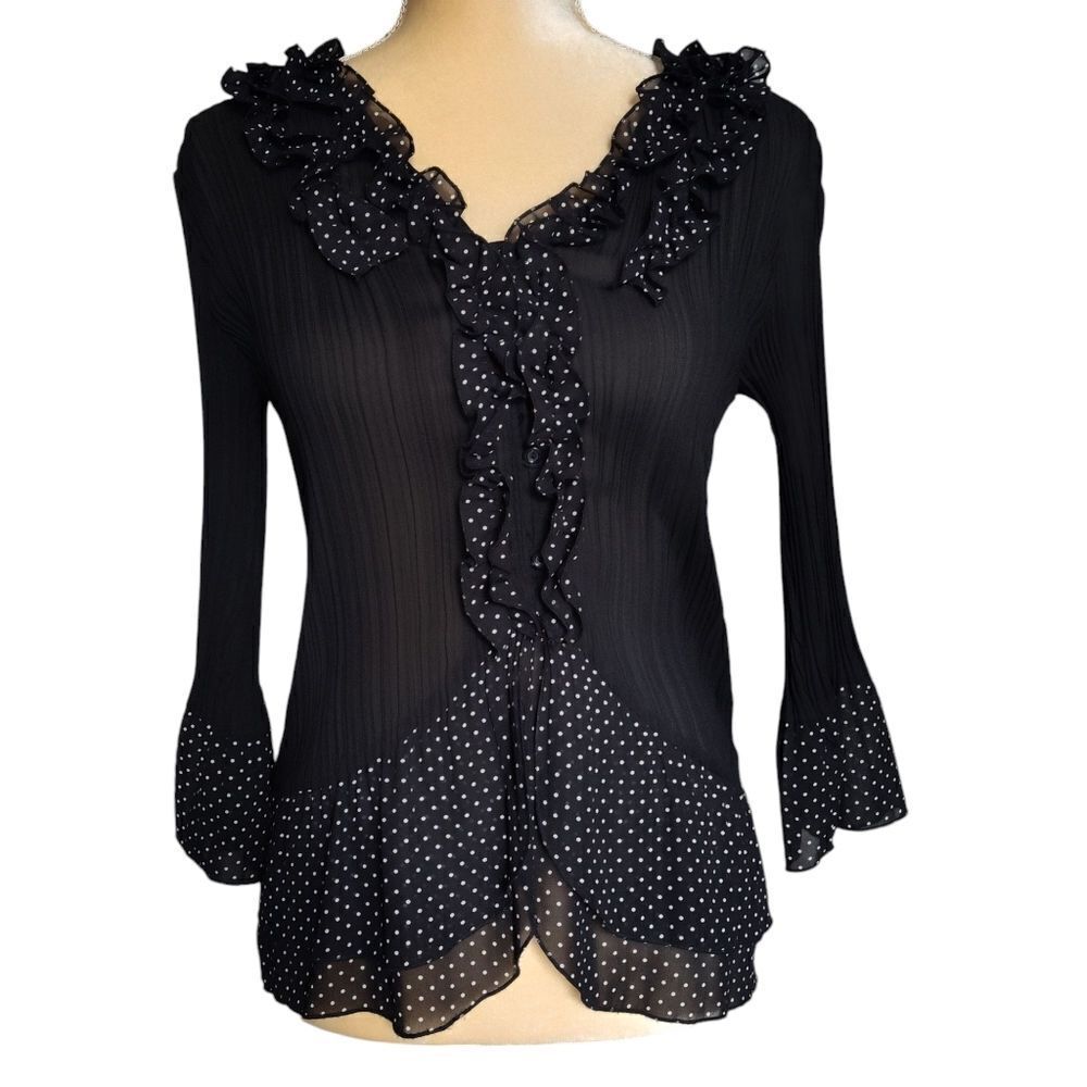 NY Collection Button Front Frill Sleeve Accordion Pleated Ruffle V-neck Top Med